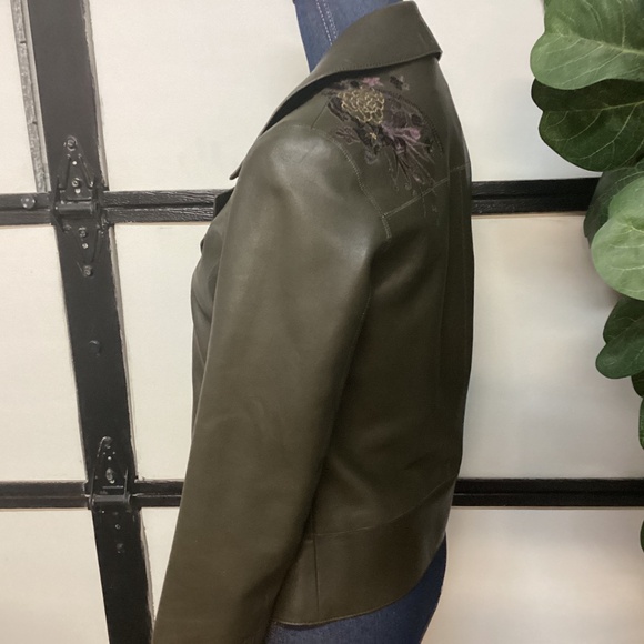 Massimo Dutti leather jacket Dark Green With Embroidered Flowers Size XS - Picture 3 of 6